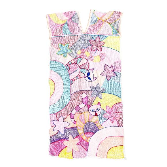 Vintage Multicolor Handmade Embroidered Cat Dress Size XS/Small V-Neck Pocket - Picture 2 of 9